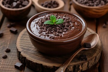 sweet summer dessert chocolate pudding with mint on wooden background