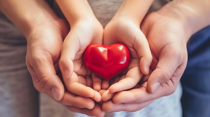 Family hands forming a red heart, world heart day, CSR social responsibility, organ donation, and heart health insurance - obrazy, fototapety, plakaty