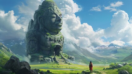 Digital illustration of a fantastical scene featuring a massive statue