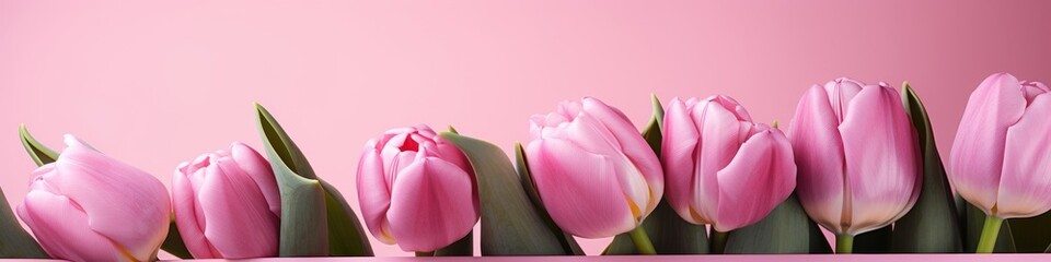 Naklejka premium Pink tulips with fresh green leaves on a pink background. Beautiful background for a holiday, valentine's day, women's day. An empty space for the text.