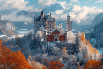 Fall's Frosty Castle A Majestic Medieval Masterpiece Generative AI - obrazy, fototapety, plakaty