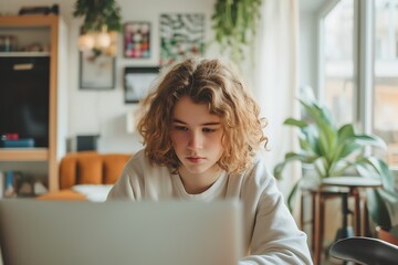 teenager looking at a laptop against the backdrop of a bright modern room