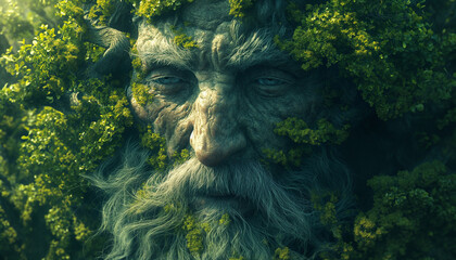 Naklejka premium Sleepy Wisdom: Elderly Man's Face with Drowsy Eyes, Grey Beard, Adorned in Ivy, Immersed in Lush Green Hues