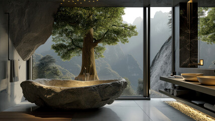 modern bathroom with a stone bathtub and a large tree