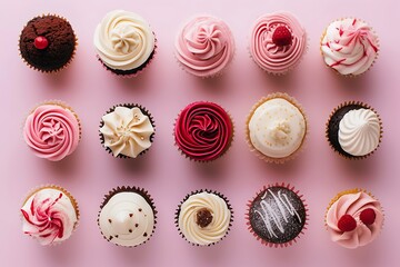 top view set of cupcakes isolated on colored background