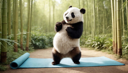 Panda mastering yoga skills in the tranquil setting of a bamboo forest