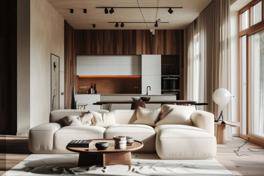 Interior of modern living room with beige sofa and coffee table