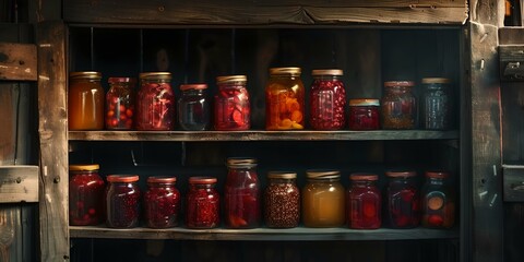 Rustic home pantry with variety of preserved foods in glass jars. traditional canning, homestead lifestyle. AI - obrazy, fototapety, plakaty