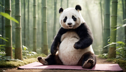 Panda mastering yoga skills in the tranquil setting of a bamboo forest