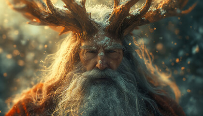 Cernunnos Awakens: Elderly Man with Antlers, Silver Beard, and Long White Hair, Amidst Falling Snowflakes, in a Wintry Celtic Setting