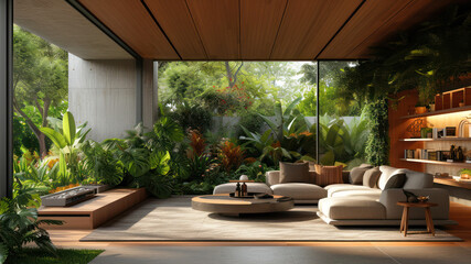 modern living room with a beautiful garden view