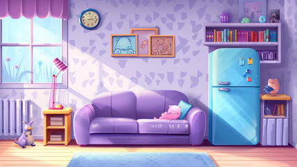 Interior of living room with purple sofa, fridge and bookshelf