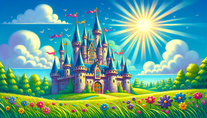Magical children's castle standing in a lush field, perfect for fantasy themes and educational children's content.
Generative AI.