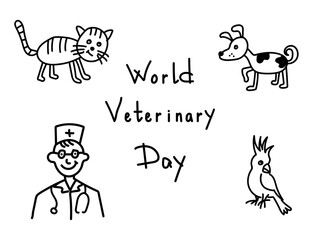 world Veterinary Day. Doodle card,cat,parrot,doctor