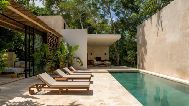 Swimming pool with sun loungers and deckchairs in a luxury villa