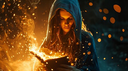 Magic book in the hands of a fantasy woman witch magician in a hood, dazzling orange light spells, wind scattering fall sheets, paper page levitation
