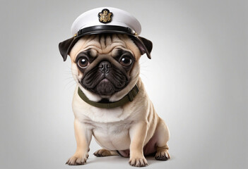 Cute Dog pug breed purebred wearing military uniform. 
