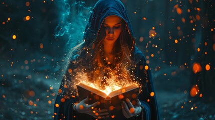 Magic book in the hands of a fantasy woman witch magician in a hood, dazzling orange light spells, wind scattering fall sheets, paper page levitation