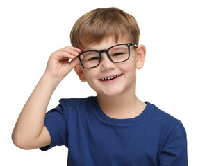 Fototapeta premium Little boy with glasses on white background