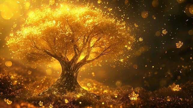 Fantasy image of a golden tree with a lovely abstract background.