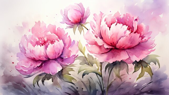 Hand drawn peony flowers on gray background, perfect for mothers day card with free space.