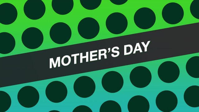 A vibrant and playful image designed to celebrate Mother's Day. A blue and green background with polka dots, topped with the words Mother's Day in black letters