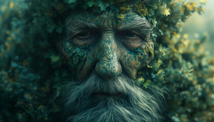 Fototapeta na wymiar Ivy-Kissed Sage: Elderly Man's Face with Resigned Gaze, Grey Beard, Entwined with Ivy, Bathed in Deep and Warm Greens