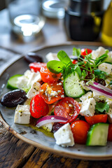Greek salad with feta cheese tomatoes olives and cucumber on a plate portrait format