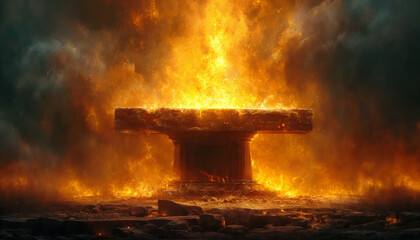 Ancient Stone Anvil Ablaze with Flames - obrazy, fototapety, plakaty