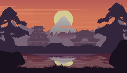 Silhouette design of landscape view of japan on sunset time,vector illutration