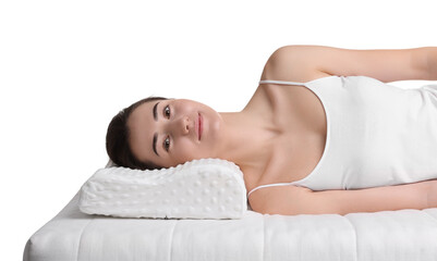 Obraz na płótnie Canvas Woman lying on orthopedic pillow against white background