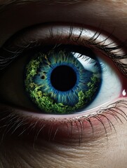 A close up of a woman's eye with a green eye. Generative AI.