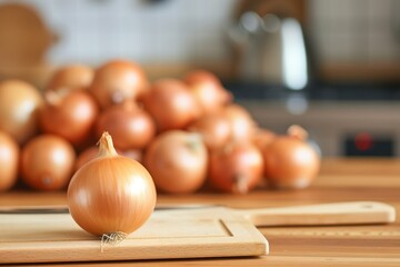 Front view of a golden onion on a wooden cutting board with a defocused kitchen background. Behind the cutting board is a heap of onions. 