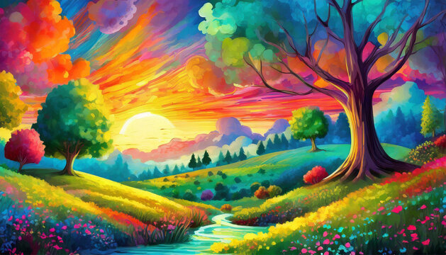 Colorful landscape with trees and sunset