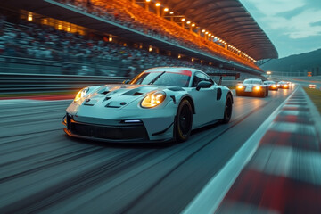 Ring racing cars race at high speed on a race track against the backdrop of spectator stands