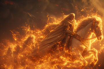 Celestial Warrior: Divine Rider on a White Horse Amidst Blazing Flames - obrazy, fototapety, plakaty