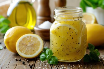 Front view of a jar filled with lemon vinaigrette dressing on rustic wooden table. 