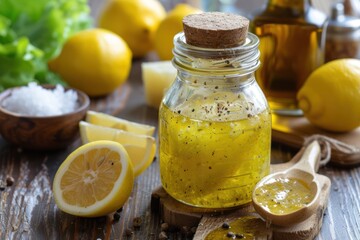 Front view of a jar filled with lemon vinaigrette dressing on rustic wooden table.