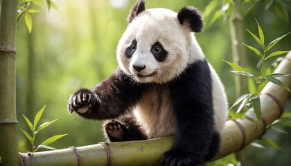 Fototapeta premium Panda baby mastering her balancing skills on a bamboo tree