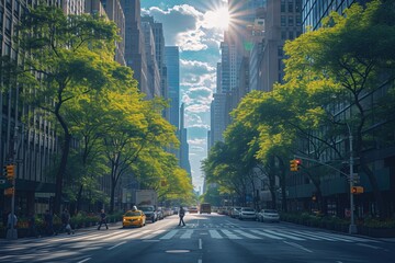 Sunny Skyscraper Street A Bustling Cityscape in August Generative AI