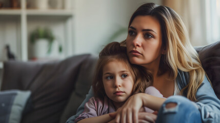 Concerned Mother Embracing Daughter on Couch