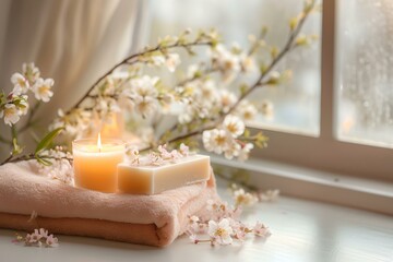 Obraz na płótnie Canvas Cozy home atmosphere with candles and blossoms by the window. perfect image for relaxation and interior design themes. AI