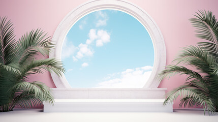 White podium in the room with palm trees and blue sky. 3d rendering