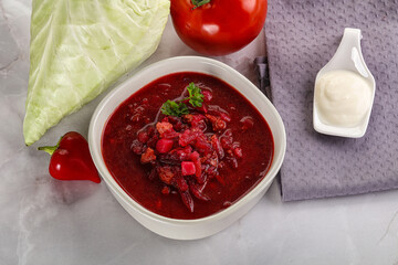 Borsch soup with cabbage and beetroot