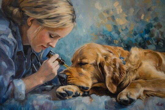Serene moment of companionship captured in oil painting. artist and sleeping dog. artwork portrays friendship and creativity. AI