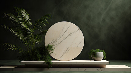 3d render of marble podium with tropical plants on dark background.