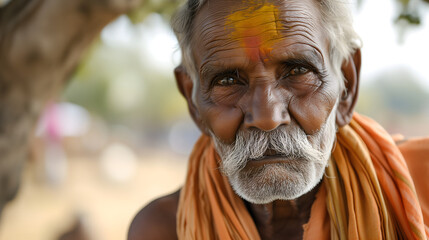 Elderly Indian Man with Traditional Orange Turban and Sacred Mark on Forehead - obrazy, fototapety, plakaty