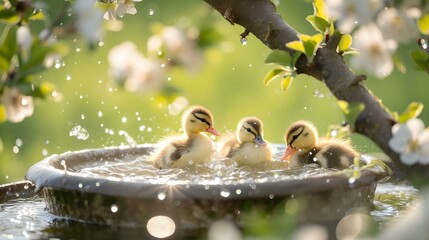 Three adorable ducklings enjoying a sunny day in a birdbath. spring scene with blossoms in nature. ideal for greeting cards. AI