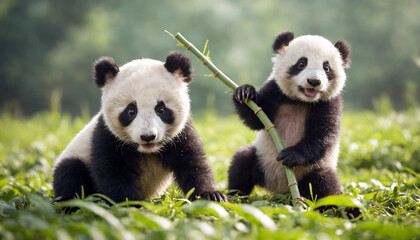 Panda babies mastering balancing skills with her father through playing with a bamboo branch