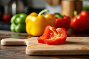 Front view of a sliced red bell pepper on a wooden cutting board with a defocused kitchen background.  - Powered by Adobe